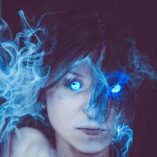 Prompt: a sad woman with blue skin and blue clothing, wisps of blue fog and blue flame eminate from her body, her eyes glow blue, wraith, swirling blue fog envelops her