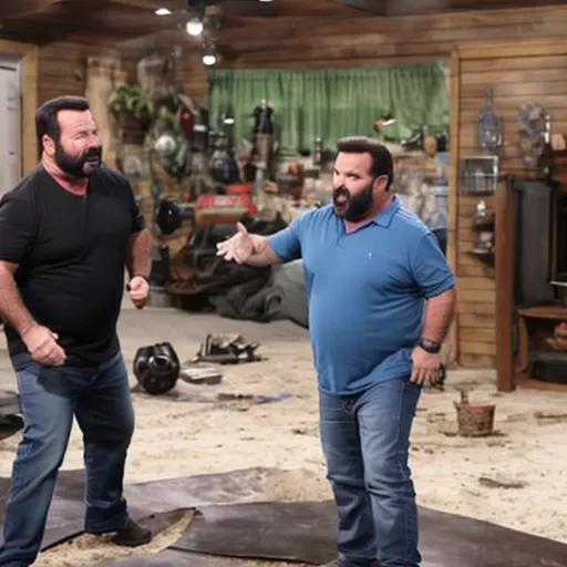 Prompt: Billy Mays battling Phil Swift on TLC reality television show