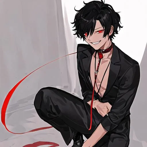 Prompt: Damien  (male, short black hair, red eyes) wearing a collar and holding a leash pulling on it. grinning seductively, on his knees, knife in his mouth
