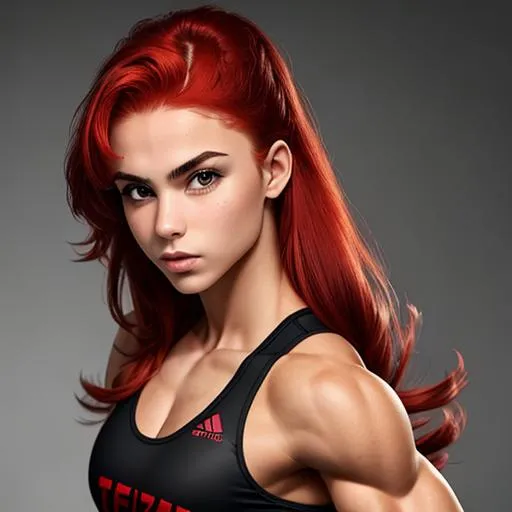 Prompt: Teenage Girl, Flexing Muscles, Triceps, Red Hair, Sportswear, Small Nose, Mafia