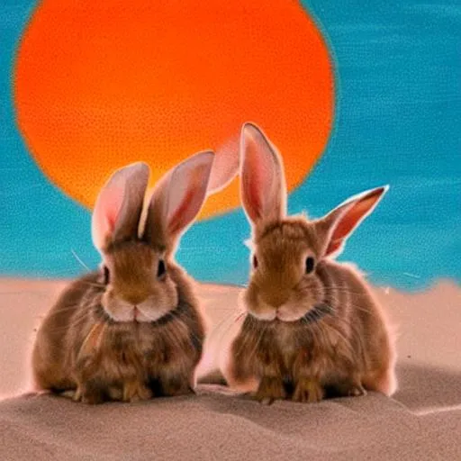 Prompt: pretty  baby rabbits with a sunset on a beach