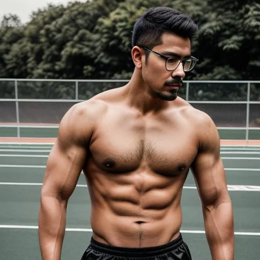 Prompt: beautiful adult Indonesian college guy, hairy chest, pubic hair, wearing clear glasses, facial hair, military crew cut, in tight outfit, outside on track field, ((slim, muscular)), photorealistic, photo, masterpiece, realistic, realism, photorealism, high contrast, photorealistic digital art trending on Artstation 8k HD high definition detailed realistic, detailed, skin texture, hyper detailed, realistic skin texture, armature, best quality, ultra high res, (photorealistic:1.4),, high resolution, detailed, raw photo, sharp re, by lee jeffries nikon d850 film stock photograph 4 kodak portra 400 camera f1.6 lens rich colors hyper realistic lifelike texture dramatic lighting unrealengine trending on artstation cinestill 800,