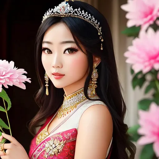 Prompt: A beautiful asian princess wearing a tiara and holding flowers