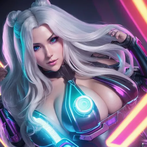 Prompt: High detailed photo of cute busty 18 year female with long white hair,
deep revealing cleavage, 
anime style, 
Nanomancer, 
soft jawline, 
futuristic world, 
neon purple highlights, 
neon blue eye, 
art by Artgerm and Greg Rutkowski and Alphonse Mucha, 

award winning portrait,
sharp focus, 
noir stylings, 
unreal engine, 
dramatic lighting, 
8k, 
trending on Artstation