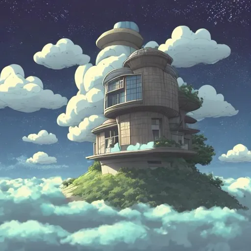 Prompt: a house on the clouds where there is a bicycle outside in amine style