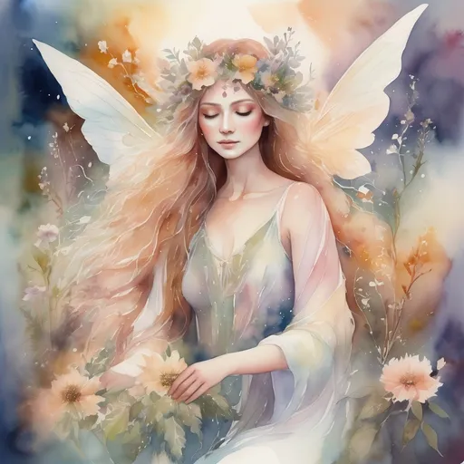 Prompt: (watercolor style), (Faerie Goddess of Peace and Tranquility), ethereal garden filled with ghost flowers, warm color scheme, soft and dreamy light, delicate floral details, serene atmosphere, gentle wisps of mist, harmonious floral arrangements, tranquil emotions radiating, enchanting background with lush greenery, enchanting accents, high quality, ultra-detailed, magical aura surrounding the scene.