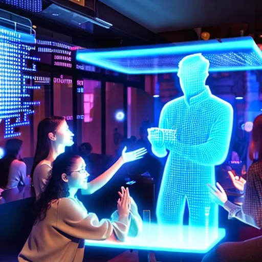 Prompt: People interacting with digital holograms in a cafe.
