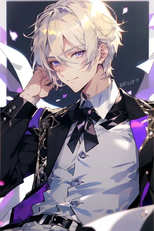 Prompt: Anime portrait of an androgynous blonde-haired boy, beautiful purple eyes, mid-length hair, wearing a black suit with a white shirt and black tie, sharp focus, high detail, Teenagers, sharp eyes, smirking, best quality, anime, detailed eyes, professional, sharp design, crisp and clear, affectionate gaze, cool tones, Smiling. 