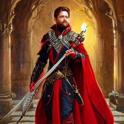 Prompt: white male rogue bard portrait, highly detailed red and black Clothes, very intricate, symmetrical, cinematic lighting, closeup painted portrait, by donato giancola and rossdraws and magali villenueve, featured on artstation