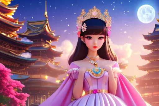 Prompt: head-on, surreal cartoon, high fashionista pose, glossy, walking toward viewer, stunning Japanese lolita, she is dressed like a summer queen, dramatic jewelry, statement necklace, background is architecture lit by the moon,  trending on artstation