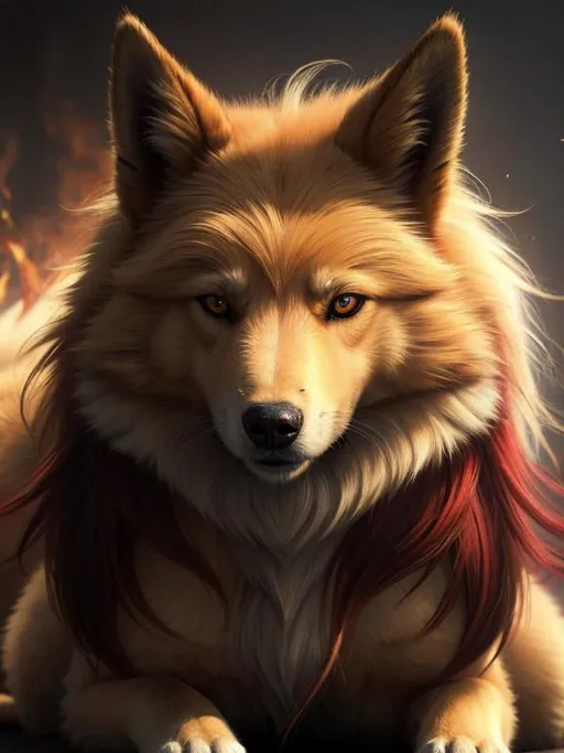 Prompt: 8k, 3D, UHD, masterpiece, oil painting, best quality, artstation, hyper realistic, photograph, perfect composition, zoomed out view of character, 8k eyes, Portrait of a (beautiful Ninetales), {canine quadruped}, thick glistening gold fur, deep sinister (crimson eyes), ageless, lives a thousand years, epic anime portrait, vindictive, angry, growling, vengeful, wearing a beautiful (silky scarlet and gold scarf), thick white mane with fluffy golden crest, golden magic fur lighlights, studio lighting, animated, sharp focus, intricately detailed fur, graceful, regal, cinematic, magnificent, sharp detailed eyes, beautifully detailed face, highly detailed starry sky with pastel pink clouds, ambient golden light, plump, perfect proportions, nine beautiful tails with pale orange tips, insanely beautiful, highly detailed mouth, symmetric, sharp focus, golden ratio, complementary colors, perfect composition, professional, unreal engine, high octane render, highly detailed mouth, Yuino Chiri, Anne Stokes