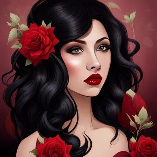 Prompt: woman with curly black hair, red lips,  Red dress, red roses in her hair, facial closeup
