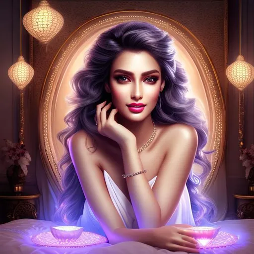 Prompt: HD 4k 3D 8k professional modeling photo hyper realistic beautiful demon woman ethereal greek goddess of pleasure
light gray hair hazel eyes gorgeous face brown skin shimmering harem dress jewelry diadem full body tattoo surrounded by magical glowing light hd landscape background hedonist harem room with pillows grapes and lamps