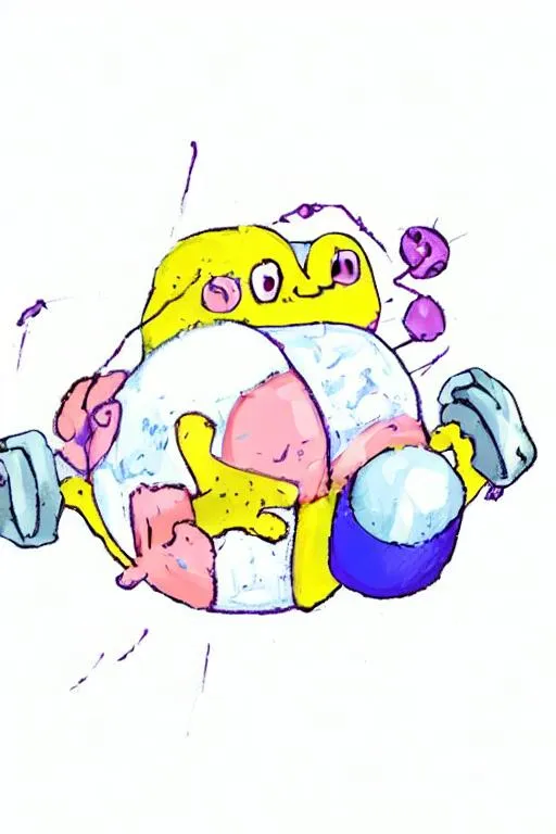 Prompt: a pink ball with small arms and purple legs
