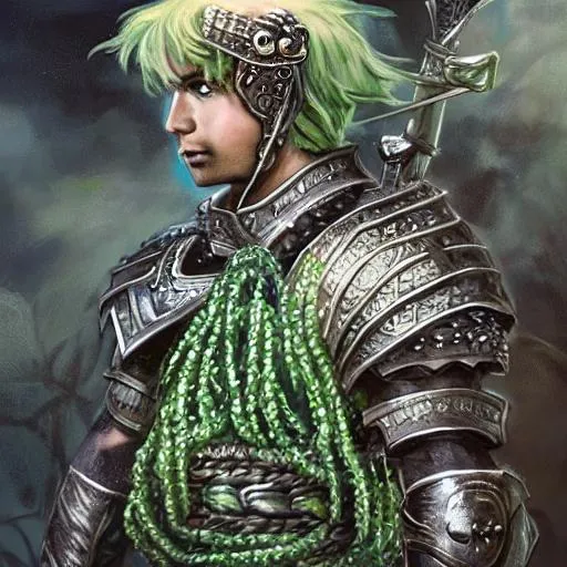 Prompt: A detailed fantasy portrait, a stern fighter, blue skin, green hair (short), a sword on his back, the handle of the sword wrapped in kelp, detailed   handguard. Just the shoulders up. He is wearing chain mail with bits of kelp wrapped and intertwined around the links.