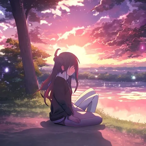 Prompt: A girl sitting down whit a liminal sunset in a anime world