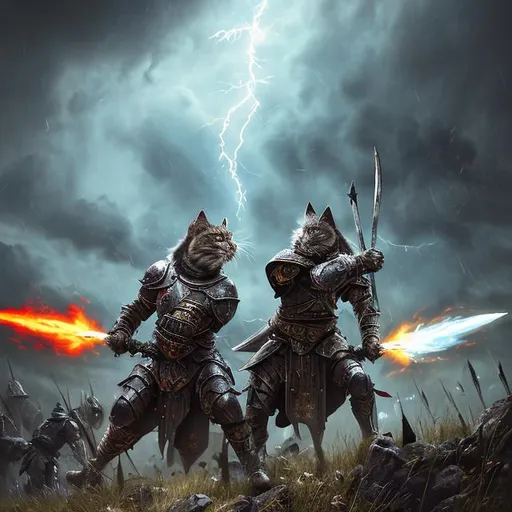 Prompt: Medieval battle scene, photo realistic, Fantastic, color spectrum, hyper detailed, epic, We see two feline knights in battle - one in white armor, and one in black. They swing their mighty swords, while soldiers fight and die around them, giant battlefield.
The sky is a dark storm of black and grey clouds and lightning flashes, catapults launch flaming missiles into the air, dragons in flight in the distance. Landscape, Hyperrealistic, 8k