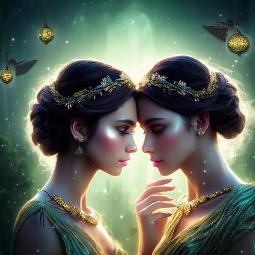 Prompt: HD 4k 3D 8k professional modeling photo hyper realistic beautiful twin women ethereal greek goddesses of disputes
dark green hair brown eyes gorgeous face black skin shimmering dress with jewelry laurel headpiece full body surrounded by magical glowing  light hd landscape background two twins arguing in dark gloomy underworld