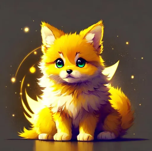 Prompt: Cute, yellow, fluffy, fantasy light puppy, with lighting, yellow eyes, yellow fur, and possessing the element of space and making circles of lighting stripes
 move around in the air in a magical way, in a space background. Perfect features, extremely detailed, realistic. Krenz Cushart + loish +gaston bussiere +craig mullins, j. c. leyendecker +Artgerm.