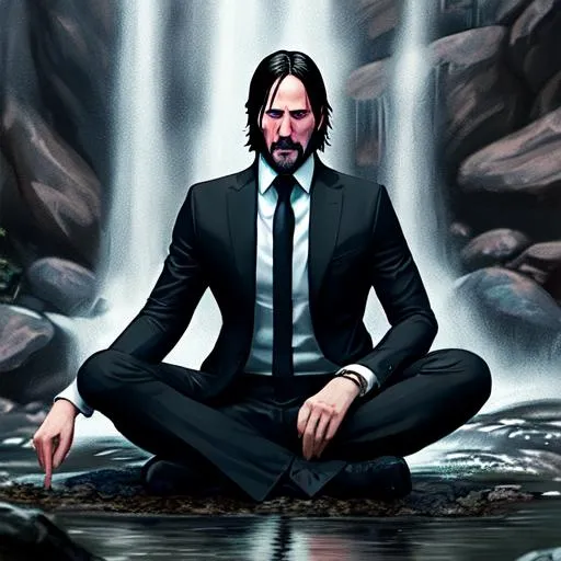 Prompt: John Wick meditating under a waterfall
