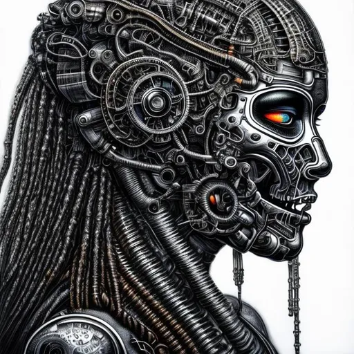 Prompt: create an air brushed picture of a hyper realistic ultra detailed photograph of a beautiful biomechanical female, long dreads, attractive, mysterious, chrome, metal rod, H. R. Giger art style, monochrome, industrial, biomechanical, chrome, H. R. Giger inspired, highly detailed, 8K, UHD, female , exquisite detail, beautiful face, dark heavy metal, evil 