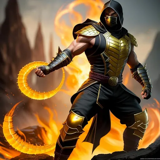 Prompt: Full body capture of Scorpion from mortal kombat, perfect composition, hyperrealistic, super detailed, 8k, high quality, trending art, trending on artstation, sharp focus, studio photo, intricate details, highly detailed, by greg rutkowski
