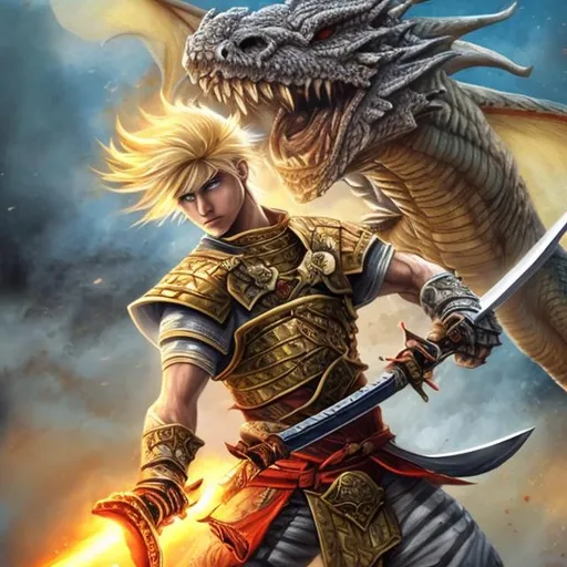Prompt: a blond male warrior with sword stabbing dragon in heart in battle