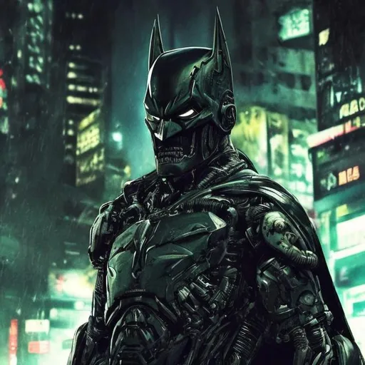 Prompt: Very dark black, gold and green evil distant future bionic enhanced batman. Super soldier. Damaged helmet. Accurate. realistic. evil eyes. Slow exposure. Detailed. Dirty. Dark and gritty. Post-apocalyptic Neo Tokyo. Futuristic. Shadows. Sinister. Armed. Fanatic. Intense. 