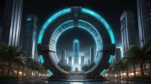 Prompt: magical portal between cities realms worlds kingdoms, circular portal, ring standing on edge, upright ring, freestanding ring, hieroglyphs on ring, complete ring, ancient mayan architecture, gardens, hotels, office buildings, shopping malls, large wide-open city plaza, panoramic view, dark night, futuristic cyberpunk tech-noir setting