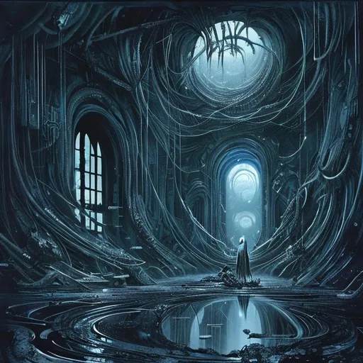 Prompt: Room interior painting, in the center of the room a huge dimensional portal with black ink-like surface, dull colors, danger, fantasy art, by Hiro Isono, by Luigi Spano, by John Stephens