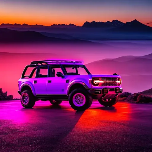 Prompt: A kraken with a crown driving A neon purple 2023 ford bronco with neon orange lights, parked beside a neon red 1969 mustang on Rocky Mountains overlooking a bright and vibrant, orange, red, pink sunset.