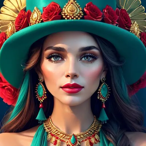 Prompt: Beautiful ethereal woman. color scheme of tuquoise and red., wearing turquoise and gold jewlery, wearing a red hat with red flowers, facial closeup