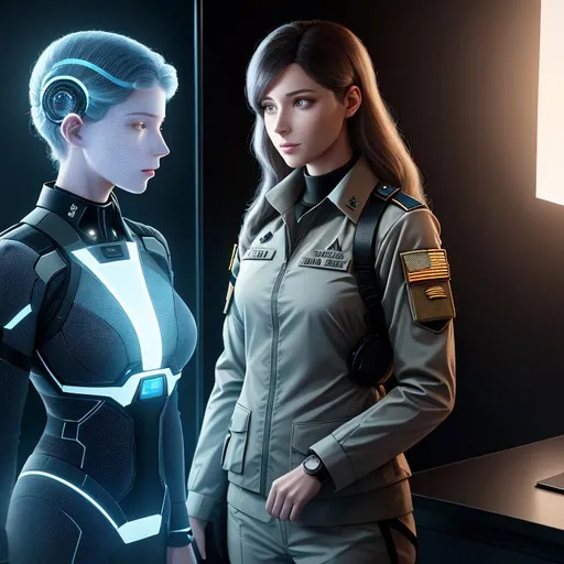 Prompt: (((a properly uniformed female modern United States Military intelligence officer talking with a translucent gender-neutral AI hologram being, completely translucent AI body, professional))), (((hyper photorealistic))), (((12K resolution))), (having a professional conversation, examining a map), (((hyper quality))), (((hyper-detailed))), (((12K raytracing))), ((realistic lighting)), ((realistic shadows)), ((realistic textures)), (realistic reflections), ((depth of field)), full body view, SFW, professional