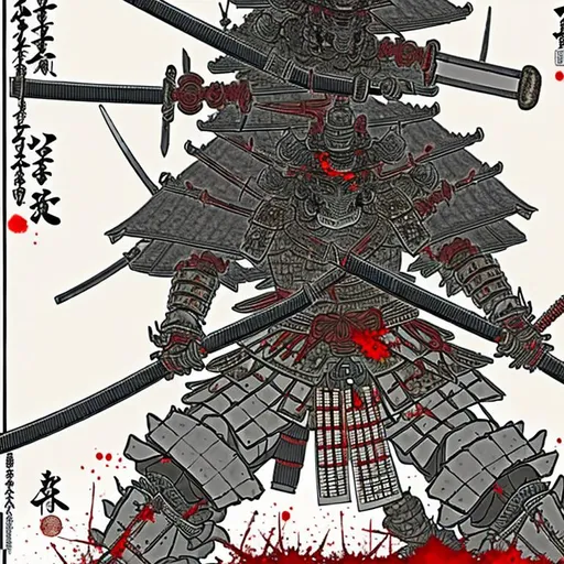 Prompt: A heavily armored samurai covered many areas of his armor and sword with blood, held his sword down, the soldiers he killed earlier from a low place spread over a wide area and give us a sideways glance at a samurai temple in the back and two columns connected to Japanese architecture on both sides of the picture and a beam connecting so unlike the background, the background is a single black color and there is nothing impressive around the picture a white lace frame