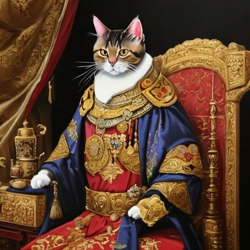 An oil painting of a cat dressed as a emperor