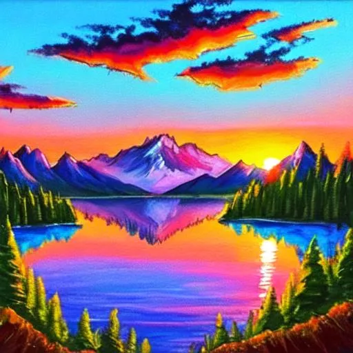 Prompt: bob ross style painting sunset over mountain lake