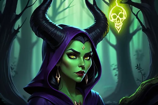 Prompt: Animatic Maleficent-inspired, dark fantasy illustration of a powerful animated Disney sorceress, Eva Longoria facial twin with green skin, cute facial traits, green skin, green teint, yellow eyes, red lips, high cheekbones, ominous and magical atmosphere, rich dull purple and black tones, murky mystical forest setting, intricate and detailed horns, piercing and intense gaze, flowing and dramatic purple cloak, high-quality, digital painting, fantasy, dark tones, magical, detailed horns, powerful sorceress, atmospheric lighting, skulls and bones laying around