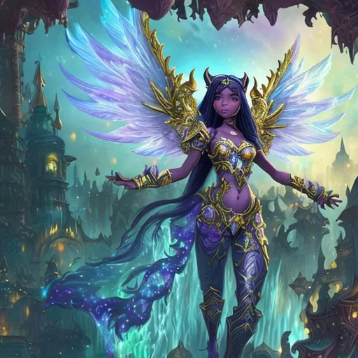 Prompt: Epic panther girl goddess with pearlescent black and gold imperial angel wings hovering above and enchanted waterfall City in The fairy woods world of Warcraft style