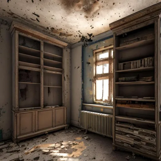 Prompt: A dusty room at a abandoned asylum, with book shelf, its once vibrant brown colors faded. Artstation style.