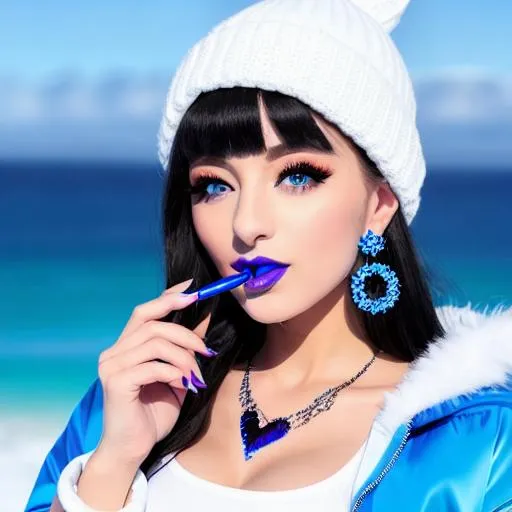 Prompt: Arianna Grande eating candy, blue lipstick, snowy beach, blue heart necklaces, Thick blue nylon jacket, Black Plane, pleasant face, blue spiral eyes, Black-purple eyeshadow, long ice earrings. Cold color scheme, ultradetailed, 8k resolution, perfect, smooth, high quality, shiny. 