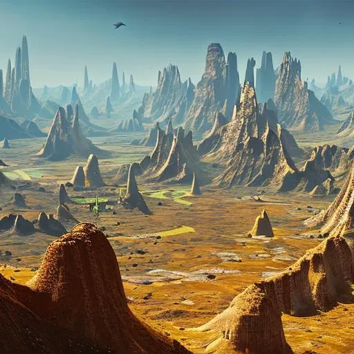 Prompt: A variety of Star Wars aliens  exploring a world whose surface us dominated by expansive grasslands and small mountain ranges and canyons, photorealistic,  cinematic lighting
 