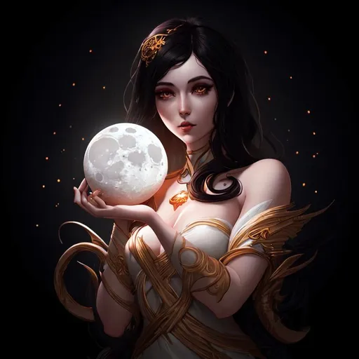 Prompt: moon goddess, dark hair, illustration, artstation, dynamic soft lighting, high-res, 4k, stylistic