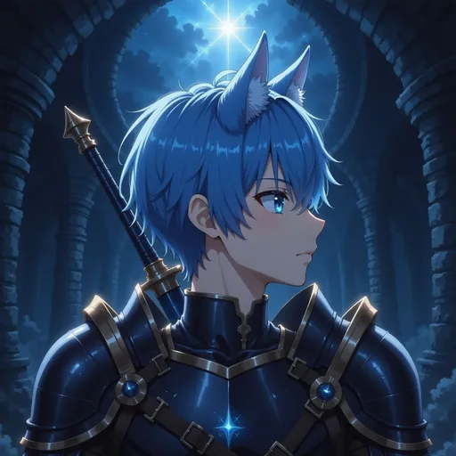 Prompt: a male anime character with blue hair shoulder long, wolf ears and a sword on his back, shimmering dark black armor, front side view, with a dark cave background, happy, sots art, official art