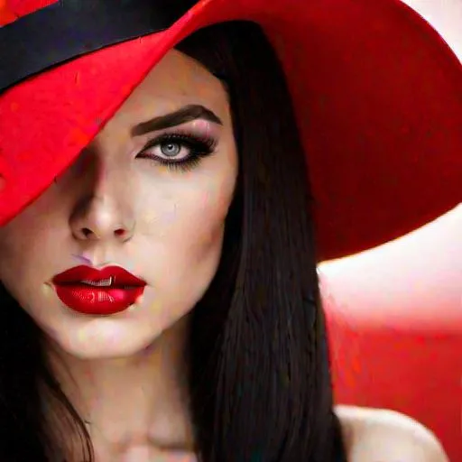 Prompt: Beautiful woman wearing red dress, red hat, red lipstick, long black hair, facial closeup