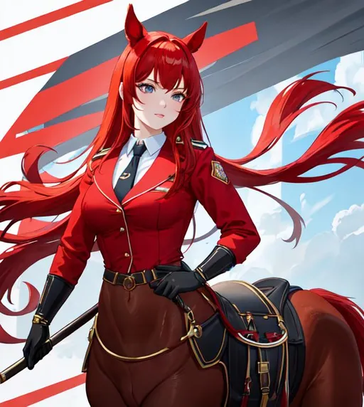 Prompt: Haley as a horse girl with bright red hair pulled back, as a police officer, UHD, highly detailed