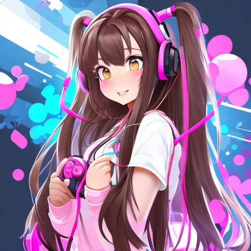 Prompt: Anime girl with long brown hair, pink gaming headphones and controller. No background 