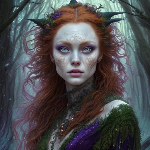 Prompt: Detailed and mystical portrait of a witch with ivory clear skin, redhead hair and deep purple eyes. Gorgeous female body, full detailed, she wears rich green dress, night light, forest, dramatic, charming pose, frontal, magical, fantasy, 8k, high detailed, dramatic light