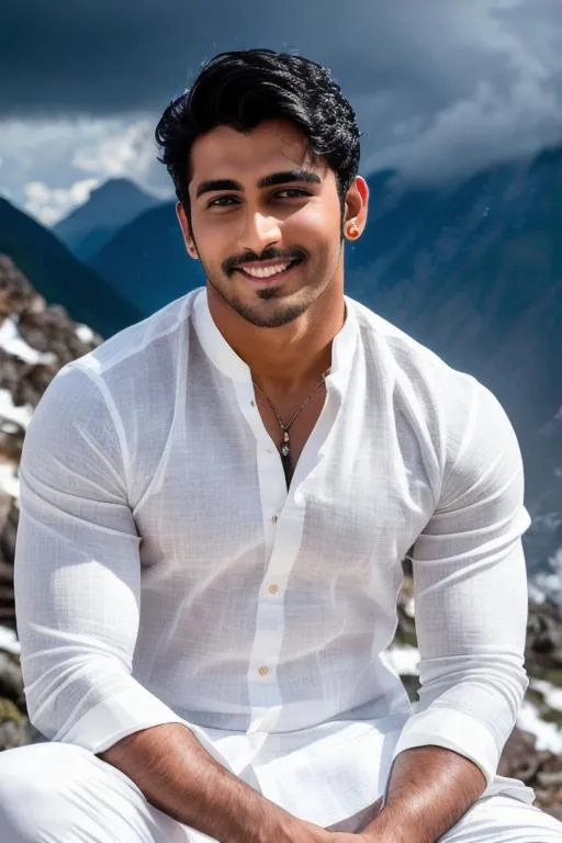 Prompt: a scene of ("eyes closed"  lost in god),"andhra pradesh hyperreal handsome rugged muscle boy" in "hyperreal stormy snow mountain", smile, white kurta dhoti, detailed, hyperreal, sitting, arena, perfect composition, hyperrealistic, super detailed, 8k, high quality, trending art, trending on artstation, sharp focus, studio photo, intricate details, highly detailed, by greg rutkowski
