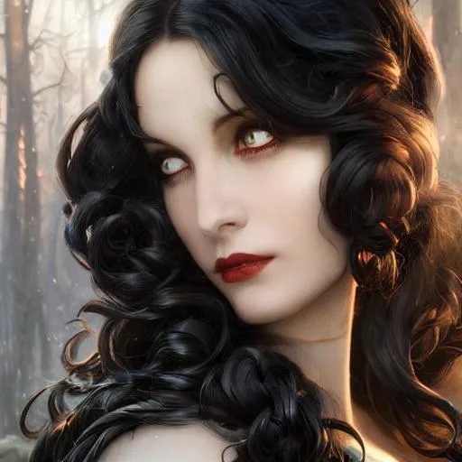Prompt: Full-body splash art portrait of Snow White as a vampire queen, long curly hair, intricate, elegant, highly detailed, extremely detailed, HD, digital painting, smooth, sharp focus, illustration, art by artgerm and greg rutkowski and alphonse mucha and John William Waterhouse, dark, eerie, gothic, creepy, horror