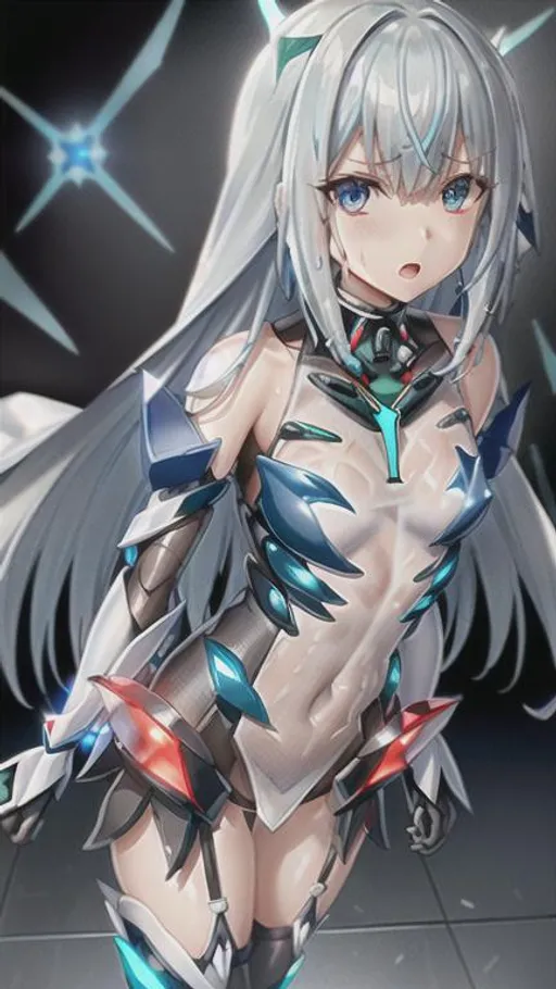 Prompt: {double slit pleated skirt}, transparent underwear, open mouth, extremely wet clothing, High Angle Shot, eyes reflection, looking viewer, solo, {black transparent inner cloth}, transparent clothing, mecha suit(guilty crown and xenoblade style suit:1.8), {blue eyes with white and blue long hair3.4}, machinery, exoskeleton, exosuit,  bodysuit, armored boots, headgear, mechanical wings, thrusters, heavy weapon, (double tail insertion), narrow waist, blue eyes and long white hair, looking at viewer, full black background, solo, (robot girl),(bangs:1.4),(metallic:0.6), bare_shoulders, looking at viewer, detailed ,mechanical parts, (mechanization), (cleavage:0.9), looking viewer, transparent clothing, extreme detailed, 4k wallpaper, best quality, illustration, flying, floating, skinny, detailed messy hair, glowing eyes, cannon, (wet cloth1.6), insulted by tentacles